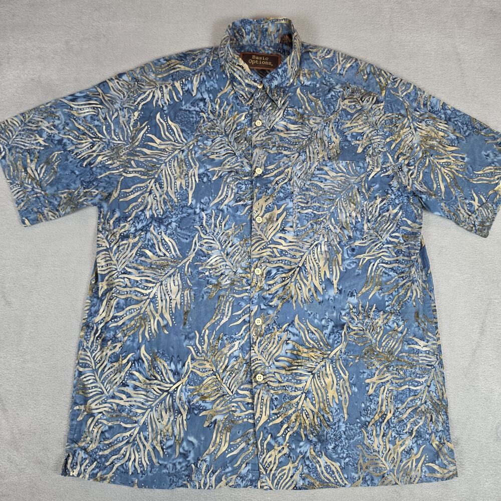 Basic Options Hawaiian Shirt Blue Batik Floral Cotton Short Sleeve Size Large